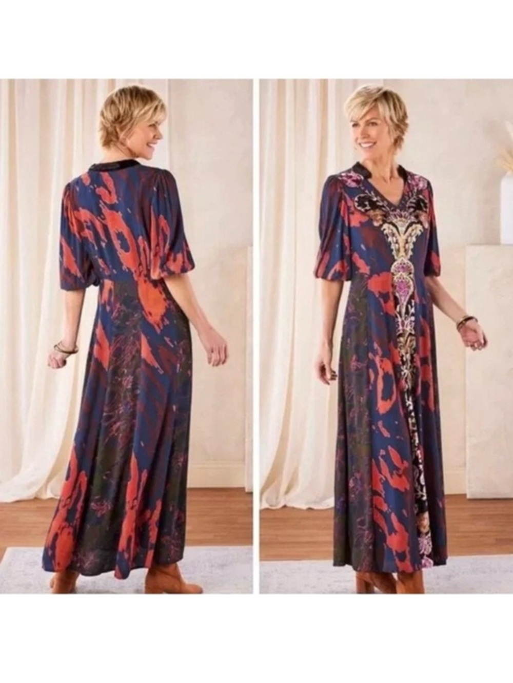 Soft Surroundings Epiphany Maxi Dress Boho Paisley Ornate Print 3/4 Sleeve Sz 12